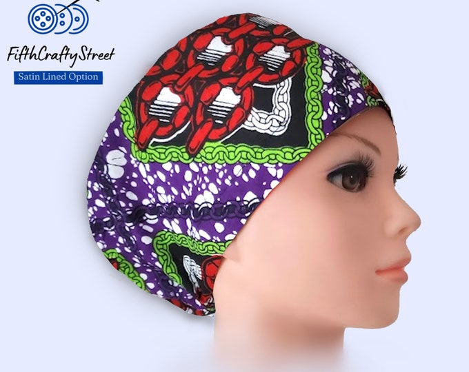 Euro Scrub Cap - Adjustable - Satin Lined option - African Print - FifthCraftyStreet