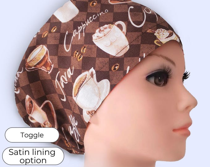 Coffee Euro Scrub Cap Adjustable Surgical Hat with Satin Lining and Personalization options