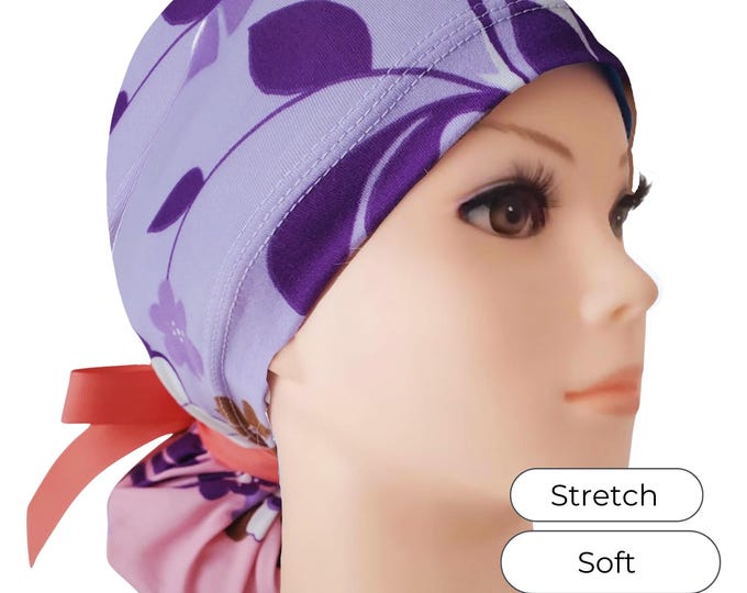 Stretch Ponytail Scrub Cap Lilac Floral Print Adjustable Scrub Hat