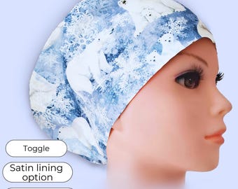 Winter Polar Bear Euro Scrub Cap Satin Lined Surgical Hat for Women