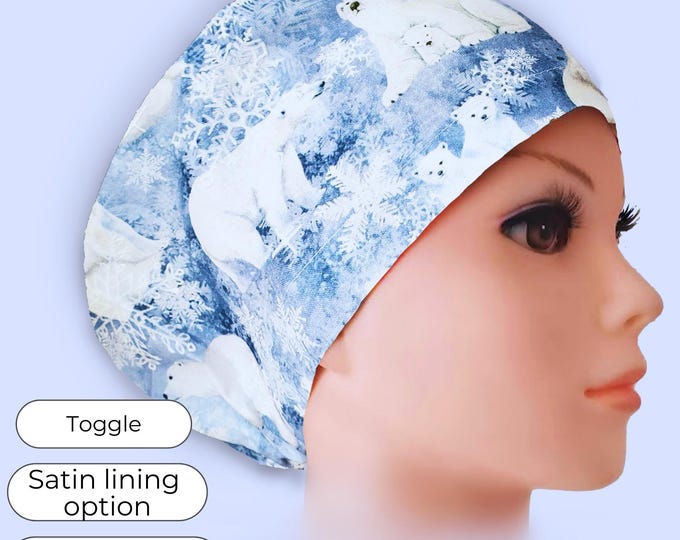 Winter Polar Bear Euro Scrub Cap Satin Lined Surgical Hat for Women