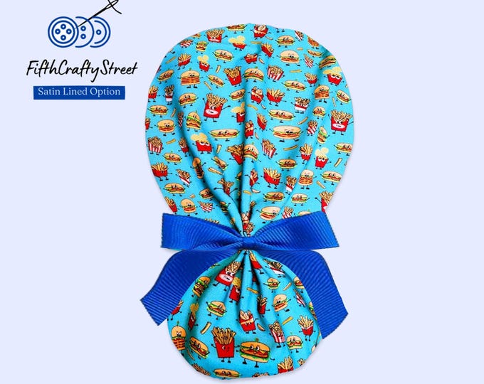 Ponytail Scrub Cap for Women - Burger party - Surgical Cap Satin Lined Option -