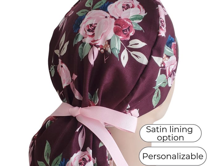 Ponytail Scrub Cap for Women with Satin Lining and Buttons Option: Berry Rose