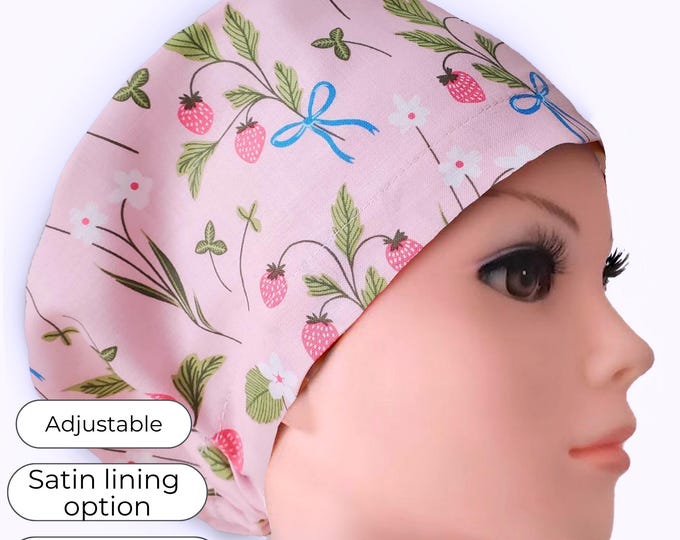 Strawberry Euro Scrub Cap for Women, Adjustable, Satin Lining Option, Personalized