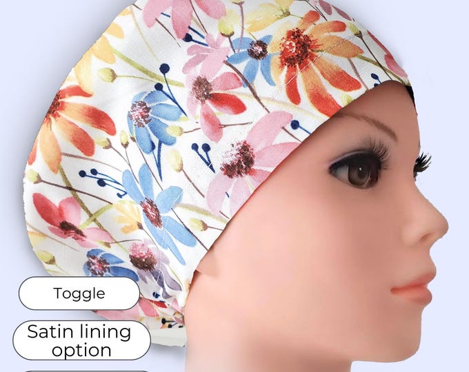 Multicolor Floral Euro Scrub Cap Satin Lined Surgical Hat