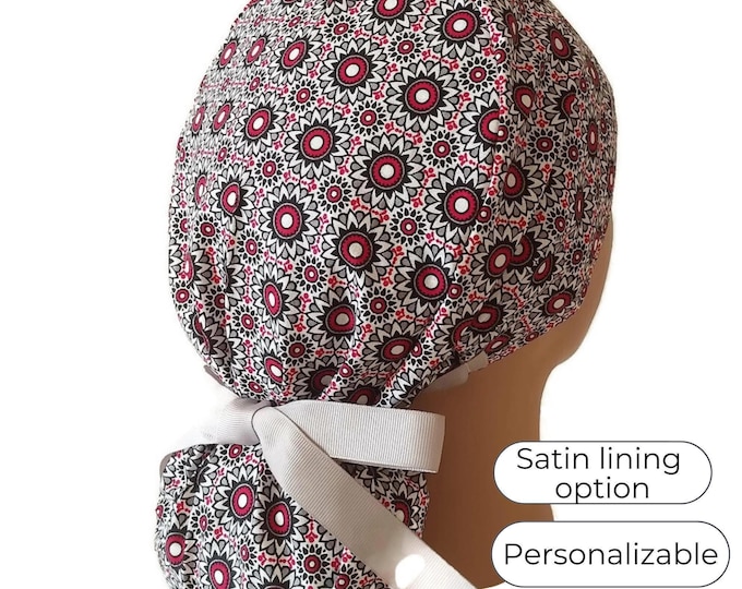 Satin Lined Scrub Cap Ponytail style - Mandala Surgical Cap for Women -