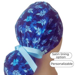 Blue Pinnate - Ponytail Scrub Cap for Women - Surgical Cap Satin Lined Option -