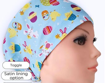 Easter Euro Scrub Cap for Nurses – Bunny & Egg Print | Adjustable Toggle | Optional Satin Lining