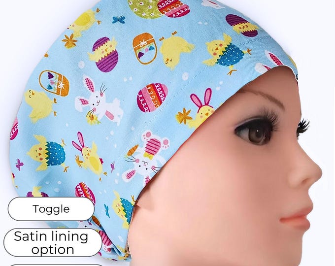 Easter Euro Scrub Cap for Nurses – Bunny & Egg Print | Adjustable Toggle | Optional Satin Lining