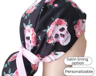 Halloween Ponytail Scrub Cap - Skull Surgical cap for Women - Satin Lining option -