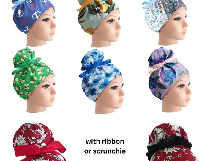 High Bun Scrub Cap Satin Lined Option Surgical Hat for Women: Personalizable