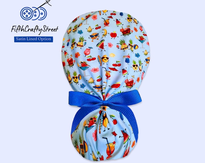 Fruits Ponytail Scrub Cap for Women - Surgical Cap Satin Lined Option - FifthCraftyStreet