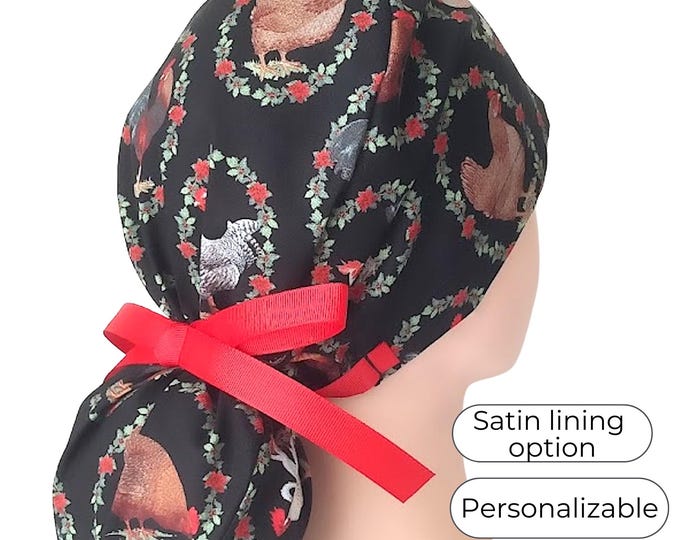 Rooster Scrub Caps for Women Ponytail - Satin Lined Surgical cap option - FifthCraftyStreet