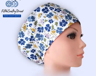 Euro Scrub Cap - Floral blue - Adjustable - Satin Lined option