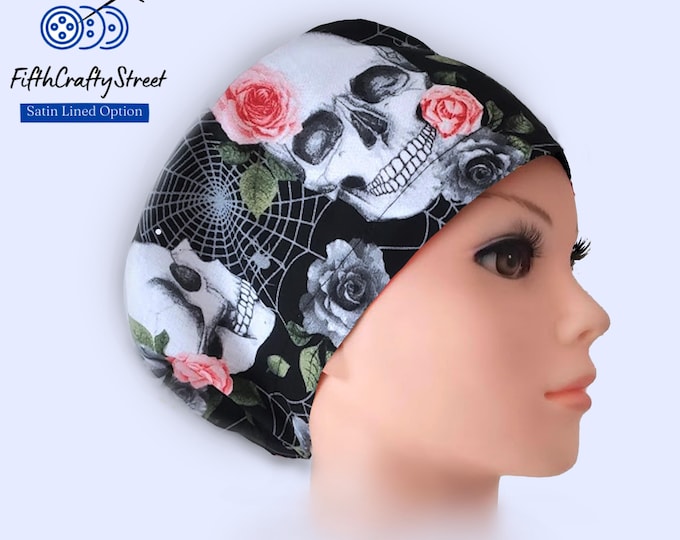Euro Scrub Cap - Adjustable - Satin Lining option - Skeleton Skull - FifthCraftyStreet