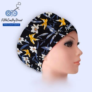 Euro Scrub Caps - Adjustable - Satin Lining option - Floral Bird