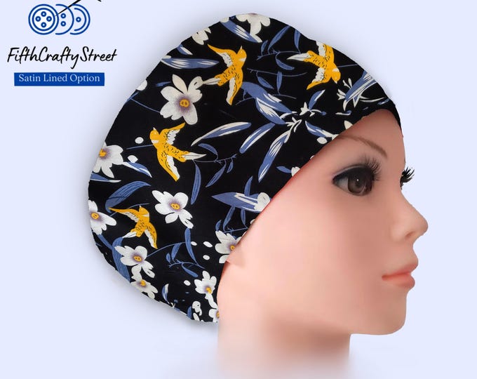 Euro Scrub Caps - Adjustable - Satin Lining option - Floral on black - FifthCraftyStreet