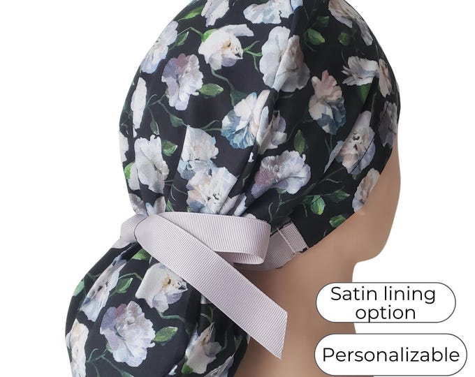Surgical Cap Ponytail Style with Satin Lining and Personalization: Floral