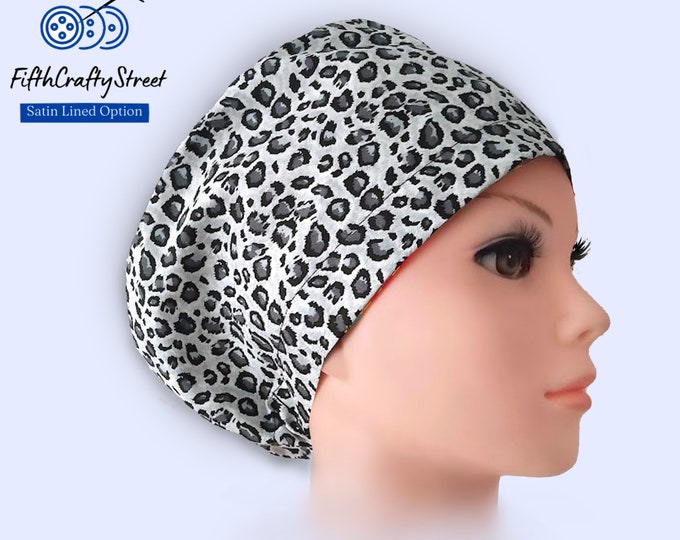 Euro Scrub Cap - Adjustable by toggle - Satin Lining option - Animal print Gray - FifthCraftyStreet