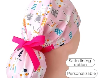 Ponytail Scrub Cap, Bunny on pink with Satin Lining option
