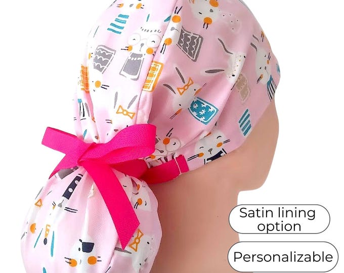 Ponytail Scrub Cap, Bunny on pink with Satin Lining option