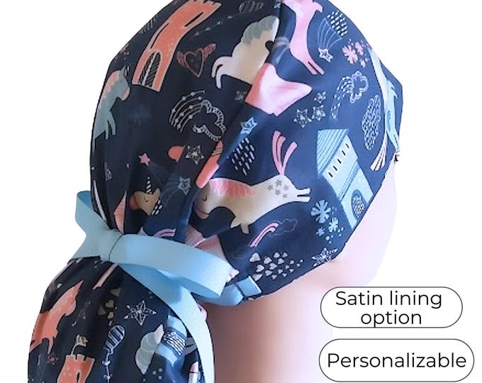 Unicorn Print Ponytail Scrub Cap: Cotton Surgical Cap with Satin Lining