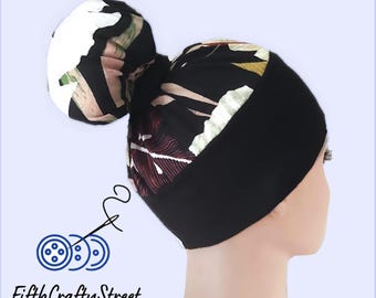 High Bun Scrub Cap, Stretchy Knit Jersey Hats, camouflage maroon Floral - FifthCraftyStreet