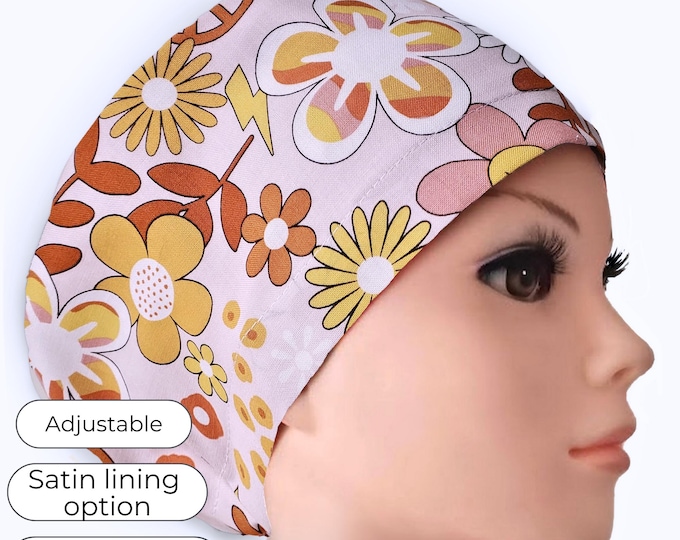 Euro Scrub Cap for Women: Retro Floral  70s Daisy, Personalize, Satin Lining Option