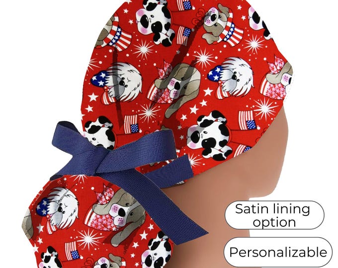 Patriotic Dog- 4th July - Women’s Scrub Caps  - Satin Lining option - American flag - FifthCraftyStreet