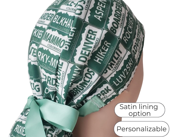 Colorado Plates Ponytail Scrub Cap - Surgical Cap - Satin Lined option
