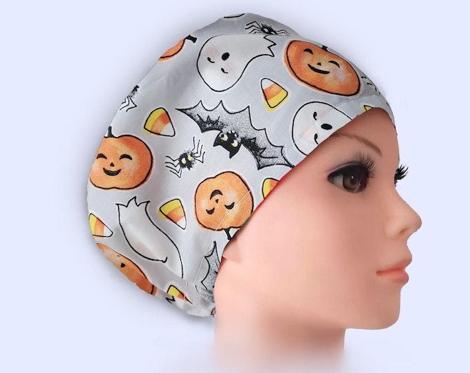 Euro Scrub Cap Adjustable with Satin Lining Option - Pumpkin Halloween on Gray