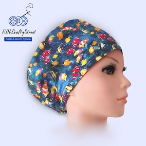 Euro Scrub Cap Satin lined option : Ocean Fish