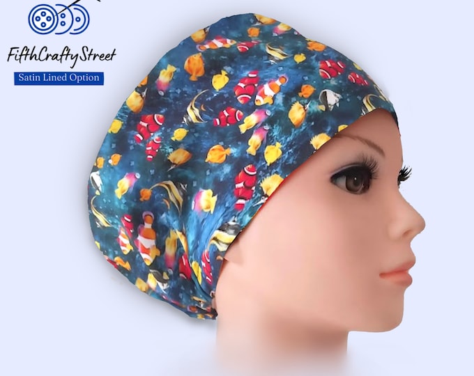 Ocean Fish - Euro Scrub Cap for Women - Adjustable - Satin Lined option - FifthCraftyStreet