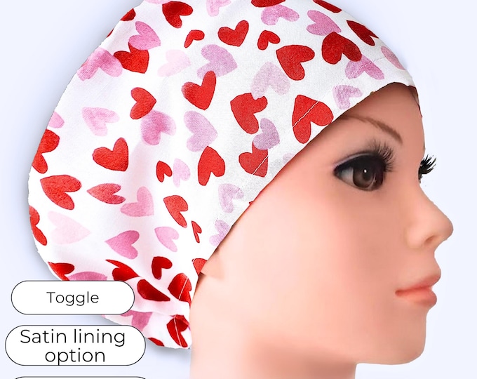 Euro Style Scrub Cap, Red & Pink Heart Pattern: Adjustable Satin Lining Option, Personalizable