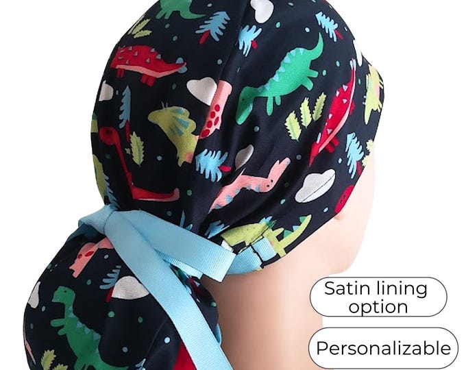 Dinosaur Ponytail Scrub Cap - Surgical Cap Satin Lined Option - FifthCraftyStreet