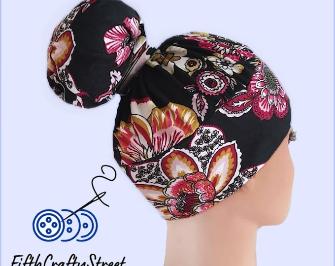 High Bun Scrub Cap, Stretchy Black Floral Knit Hats, ready to ship US - FifthCraftyStreet