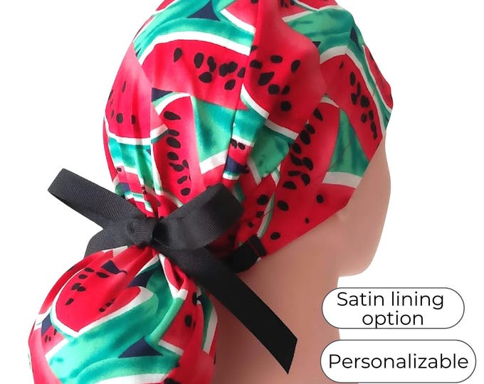 scrub caps ponytail ,watermelon, Satin Lining option -
