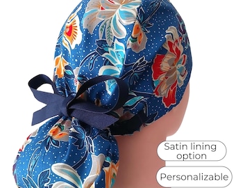Floral Blue Ponytail Scrub Cap - Surgical Cap with Satin Lining Option - FifthCraftyStreet