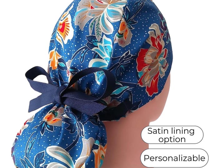 Floral Blue Ponytail Scrub Cap - Surgical Cap with Satin Lining Option - FifthCraftyStreet