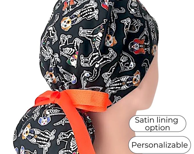 Day of the Dead - Scrub Caps Ponytail style with Satin Lining option - FifthCraftyStreet