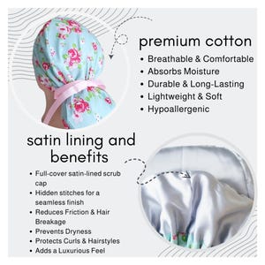 The image is a collage of two images, one showing a floral print cap and the other showing a satin lining and benefits.