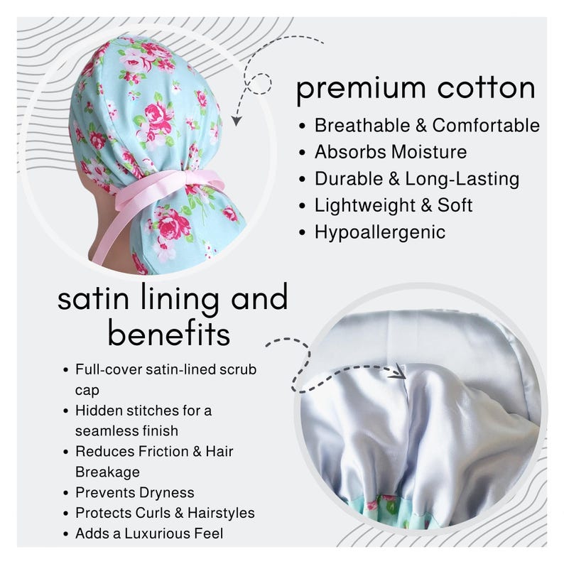 The image is a collage of two images, one showing a floral print cap and the other showing a satin lining and benefits.