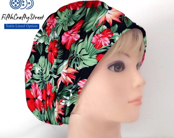 Tropical Floral Stretchy Scrub Caps - Surgical Euro Scrub Cap - FifthCraftyStreet