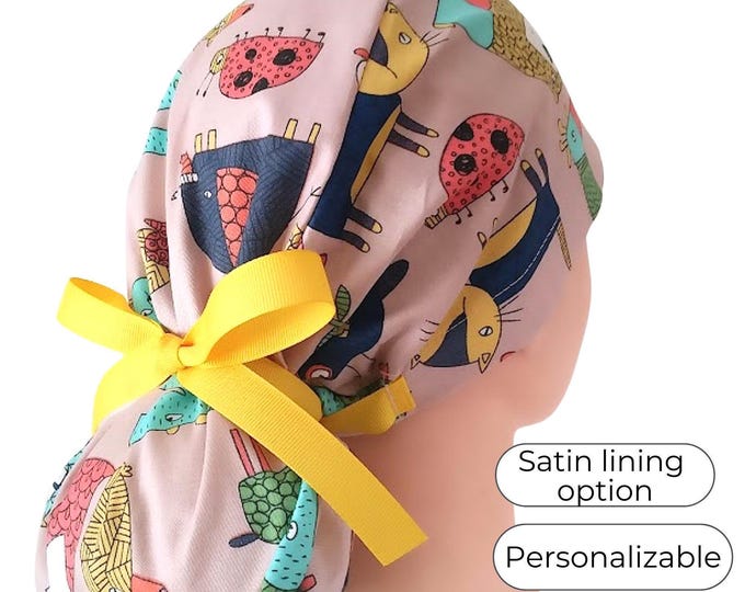 Wildlife Ponytail Scrub Caps with Satin Lining Option -