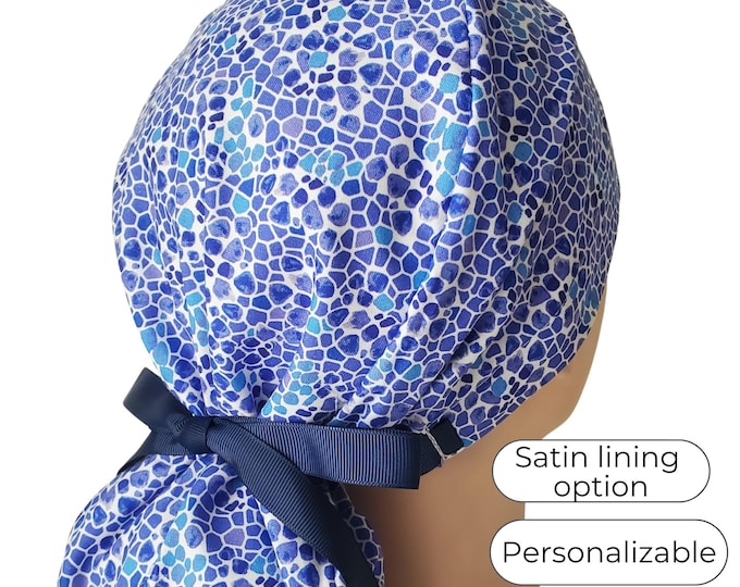 Blue Mosaic Ponytail Scrub Cap - Surgical Cap - Satin Lined option