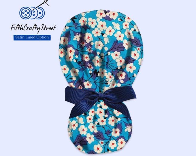 Ponytail Scrub Cap for Women - Surgical Cap with Satin Lined Option - Blue Floral - FifthCraftyStreet