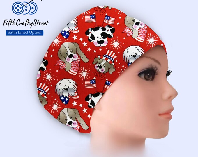 Patriotic Dog - Euro Scrub Cap - Surgical Cap - 4th of July - American Flag - Silky Satin Lining Option - FifthCraftyStreet