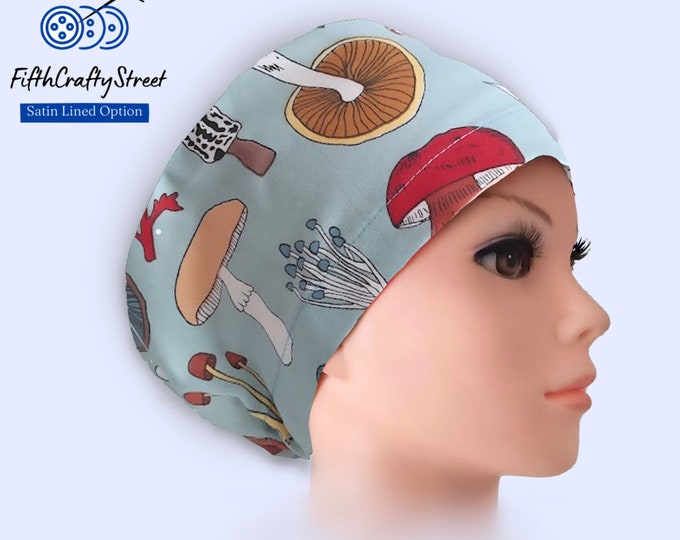 Mushroom Euro Scrub Caps - Satin Lined option - Adjustable - FifthCraftyStreet