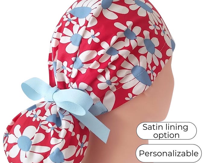 Ponytail Scrub Cap with Satin Lining Option: Red with White and Blue Daisy Print