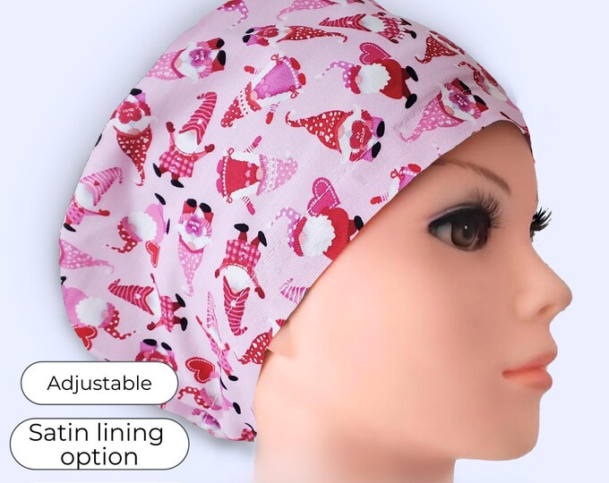 Valentine's Gnome Euro Scrub Cap: Satin Lined Cotton Nurse Hat